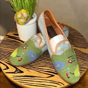 RARE!! SOLES by PAIGE sz 10 Embroidered Slippers - Green and Blue GOLF motif